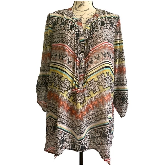 Democracy Tops - Democracy tunic top, size 1X, multicolored, deep VNeck, half-button slip on.